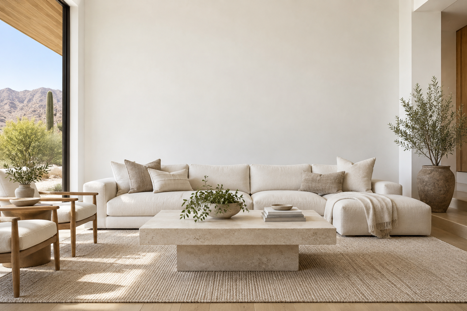 Light, airy living room with a ten-foot-wide display wall